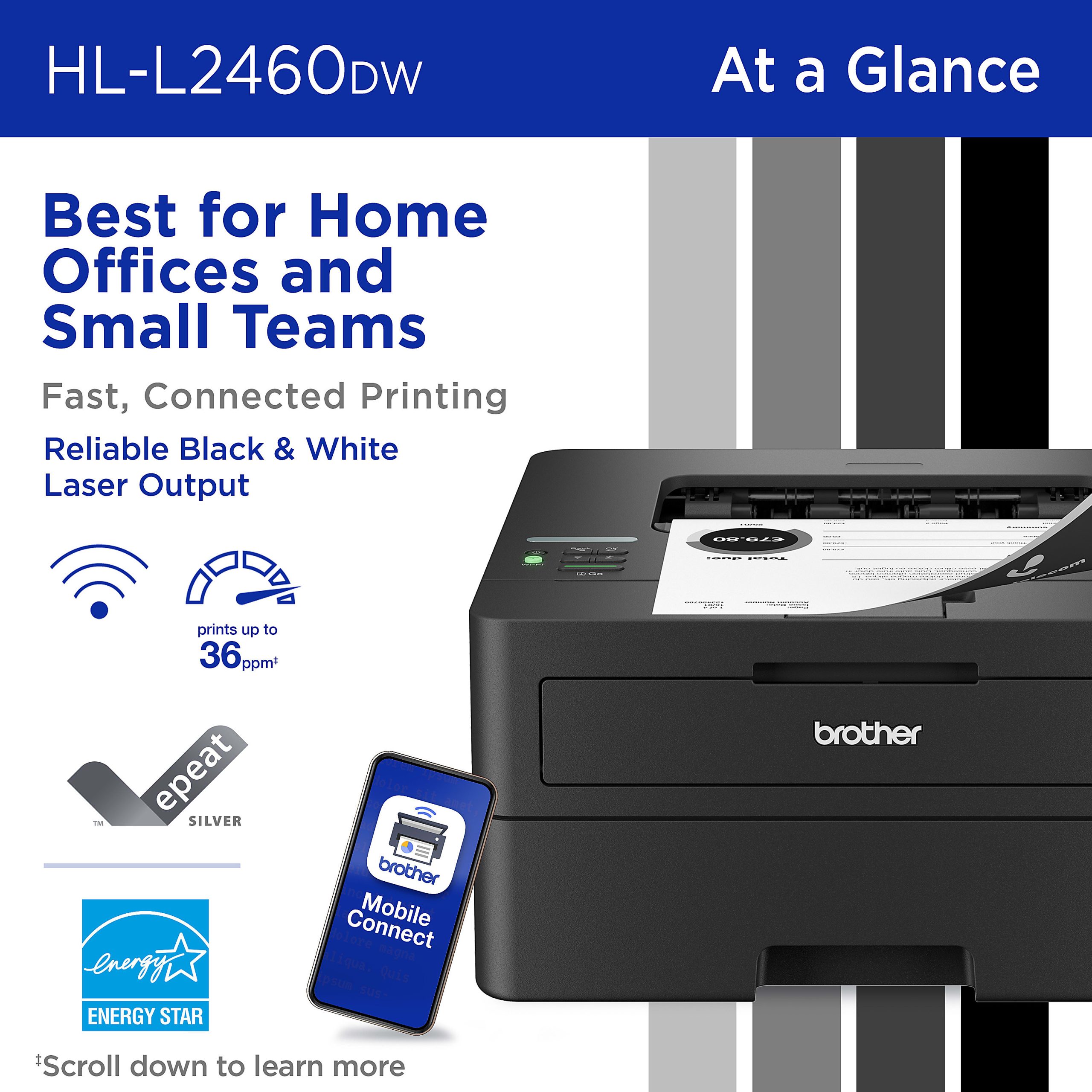 Brother HL-L2460DW Wireless Compact Monochrome Laser Printer, Duplex and Mobile Printing, Refresh EZ Print Eligibility - Image 3