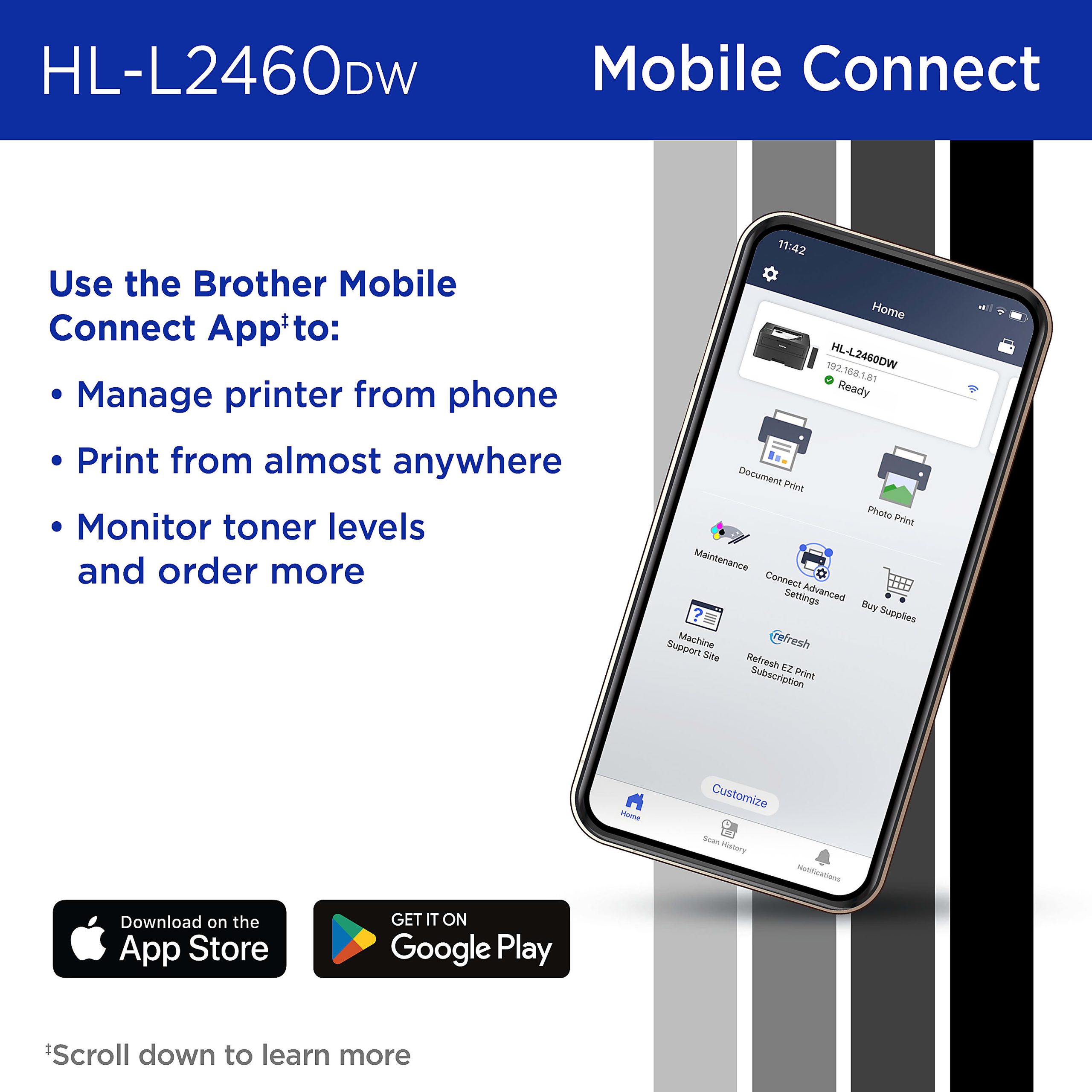 Brother HL-L2460DW Wireless Compact Monochrome Laser Printer, Duplex and Mobile Printing, Refresh EZ Print Eligibility - Image 6