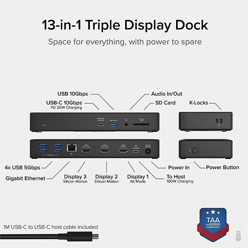 Plugable 13-in-1 USB-C Triple Monitor Laptop Docking Station with 100W Charging, 20W USB-C Charging - 3x HDMI - Compatible with Windows, Mac with USB-C/Thunderbolt (Ethernet, 5x USB, 1x USB-C, SD Card) - Image 2