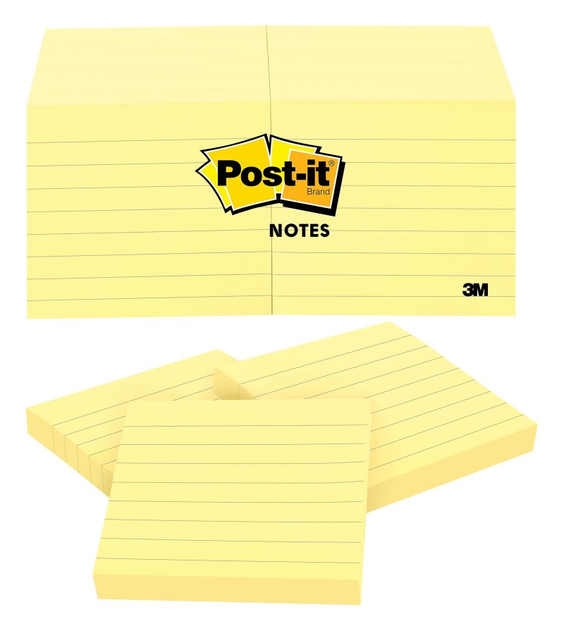 Post-it Notes, 12 Pads, 3 in x 3 in, Clean Removal, School Supplies and Office Products, Sticky Notes for Vertical Surfaces, Monitors, Walls and Windows, Canary Yellow, Lined