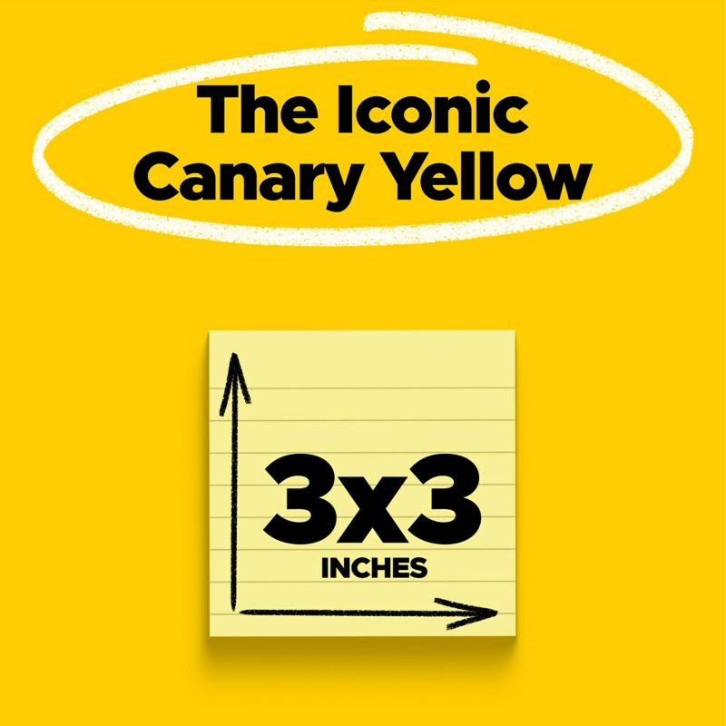 Post-it Notes, 12 Pads, 3 in x 3 in, Clean Removal, School Supplies and Office Products, Sticky Notes for Vertical Surfaces, Monitors, Walls and Windows, Canary Yellow, Lined - Image 2