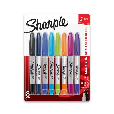 Sharpie® Twin-Tip Permanent Markers, Fine/Ultra Fine Points, Black, Pack Of 12 - Assorted,8
