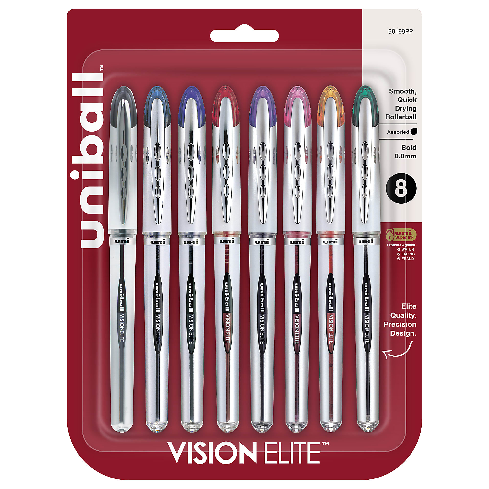 uni-ball® Vision™ Elite™ Liquid Ink Rollerball Pens, Bold Point, 0.8 mm, White Barrel, Black Ink, Pack Of 12 - Assorted,8