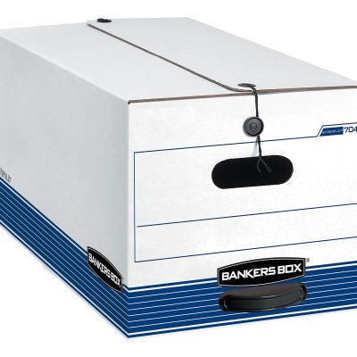 Bankers Box® Stor/File™ Medium-Duty Storage Boxes With Locking Lift-Off Lids And Built-In Handles, Letter Size, 24“ x 12" x 10", 60% Recycled, White/Blue, Case Of 3