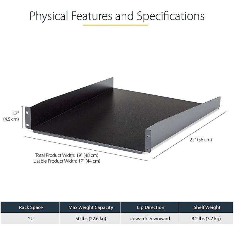 StarTech.com 2U Server Rack Cabinet Shelf - Fixed 22" Deep Cantilever Rackmount Tray for 19" Data/AV/Network Enclosure w/cage nuts, screws - 2U 19in server rack cabinet shelf 22in deep - Image 10