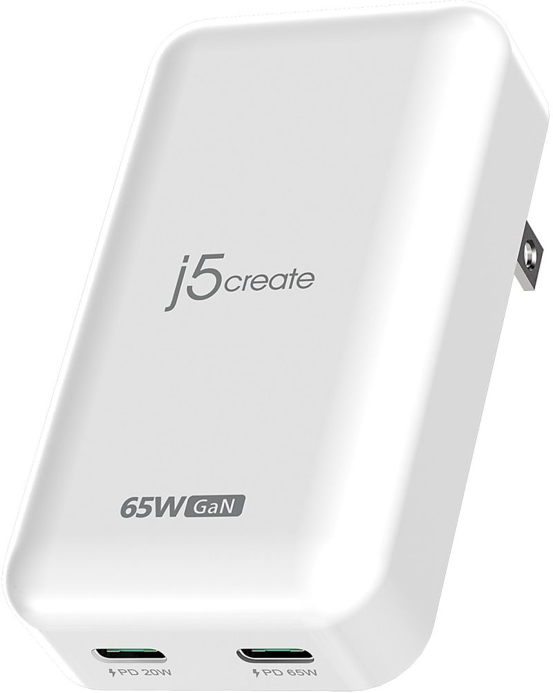 j5create 65W GaN Slim PD USB-C 2-Port Charger, White, JUP2465