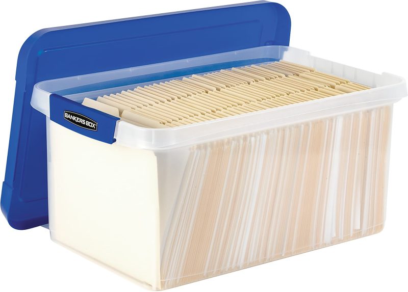 Bankers Box® Heavy-Duty Plastic Storage Bin, Extra Deep 20" Letter-size, 10-3/8" x 14-1/4", TAA Compliant, Clear/Blue, Pack of 1 - Image 4