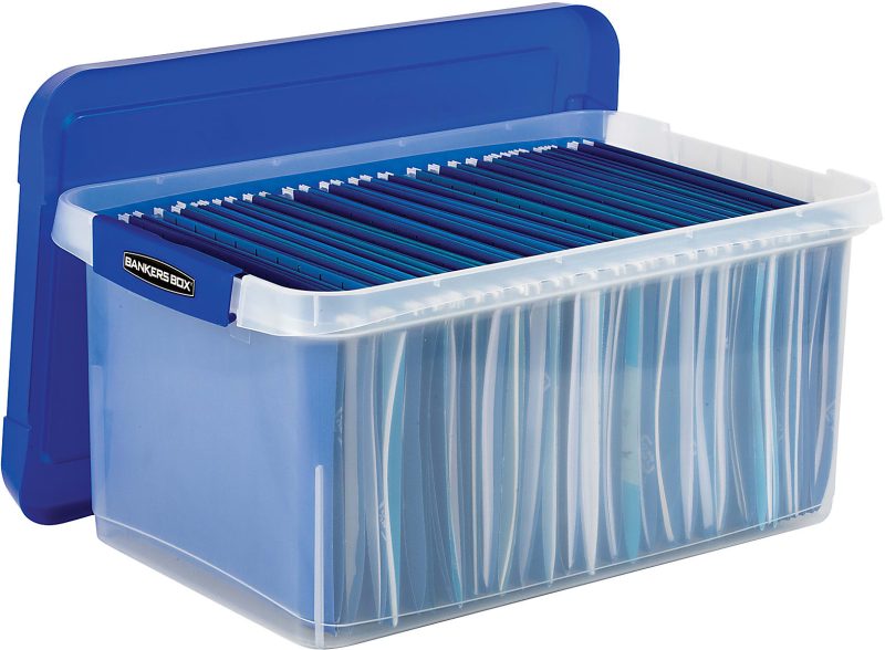 Bankers Box® Heavy-Duty Plastic Storage Bin, Extra Deep 20" Letter-size, 10-3/8" x 14-1/4", TAA Compliant, Clear/Blue, Pack of 1 - Image 5