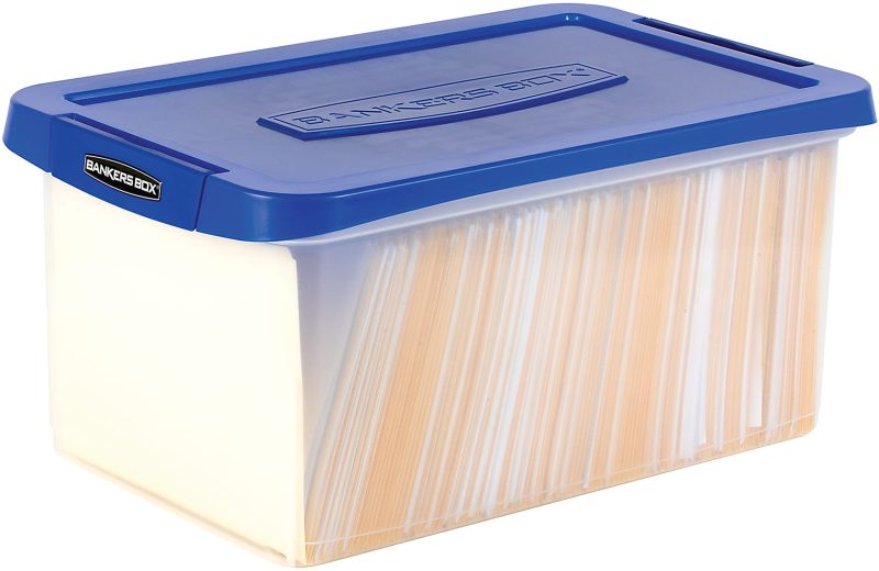 Bankers Box® Heavy-Duty Plastic Storage Bin, Extra Deep 20" Letter-size, 10-3/8" x 14-1/4", TAA Compliant, Clear/Blue, Pack of 1 - Image 9