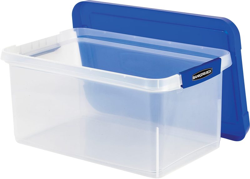 Bankers Box® Heavy-Duty Plastic Storage Bin, Extra Deep 20" Letter-size, 10-3/8" x 14-1/4", TAA Compliant, Clear/Blue, Pack of 1 - Image 11