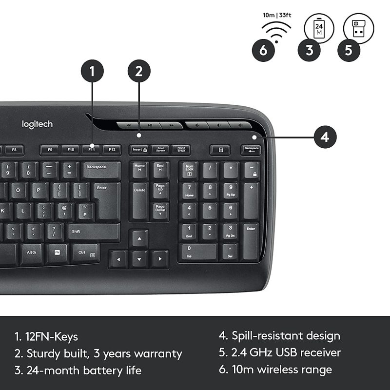 Logitech®MK320 Wireless Straight Full-Size Keyboard & Ambidextrous Optical Mouse, Black - Image 8