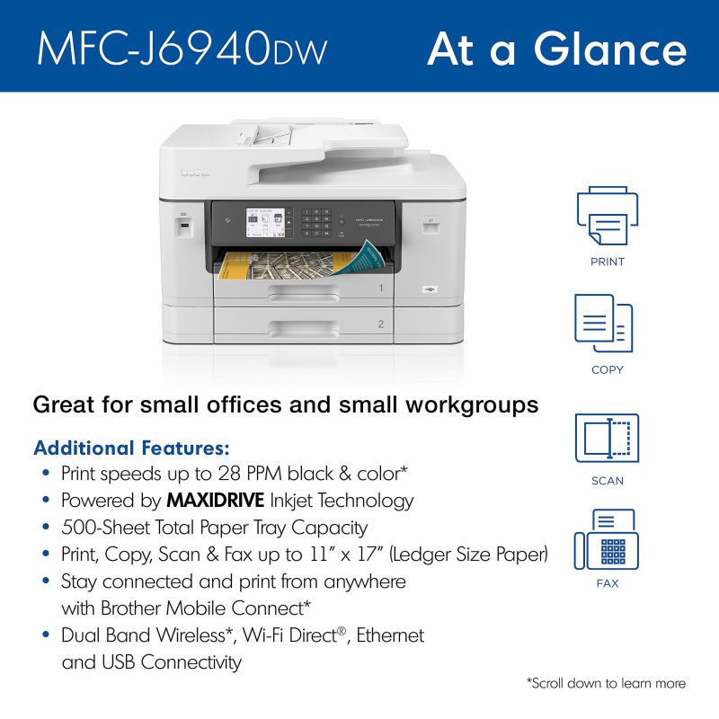 Brother MFC-J6940DW Wireless Color Inkjet All-in-One Printer with Print, Copy, Scan, Fax up to 11”x17” (Ledger) - Image 3