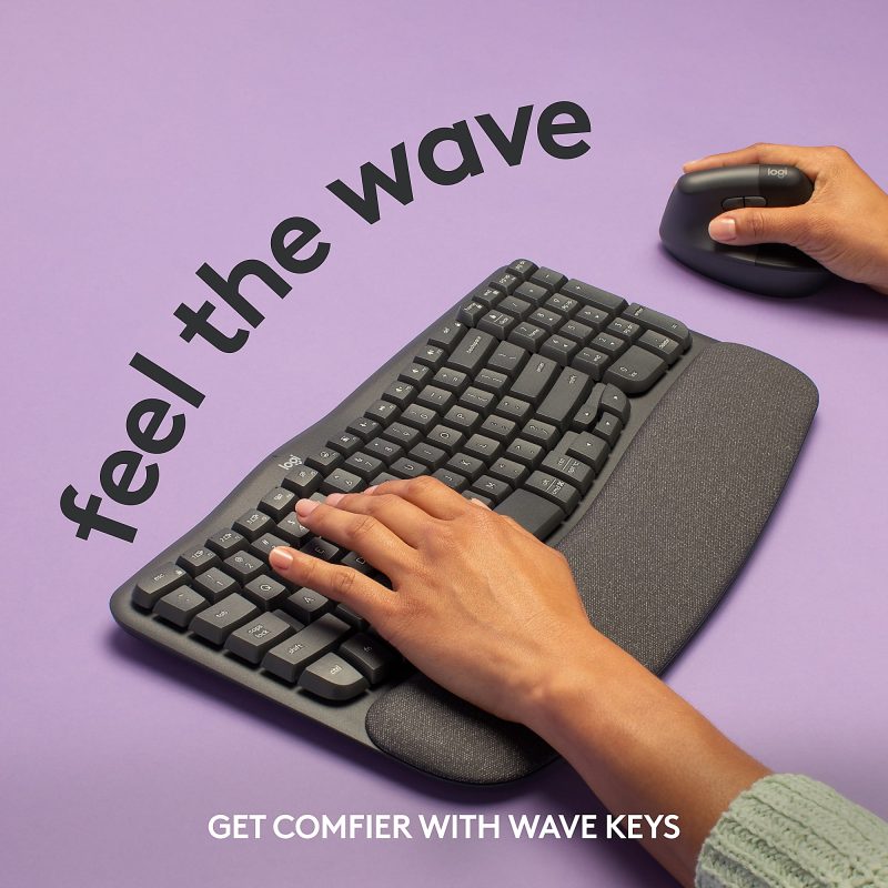 Logitech® Wave Keys Wireless Ergonomic Keyboard With Cushioned Palm Rest, 61% Recycled, Graphite, 920-011898 - Image 2