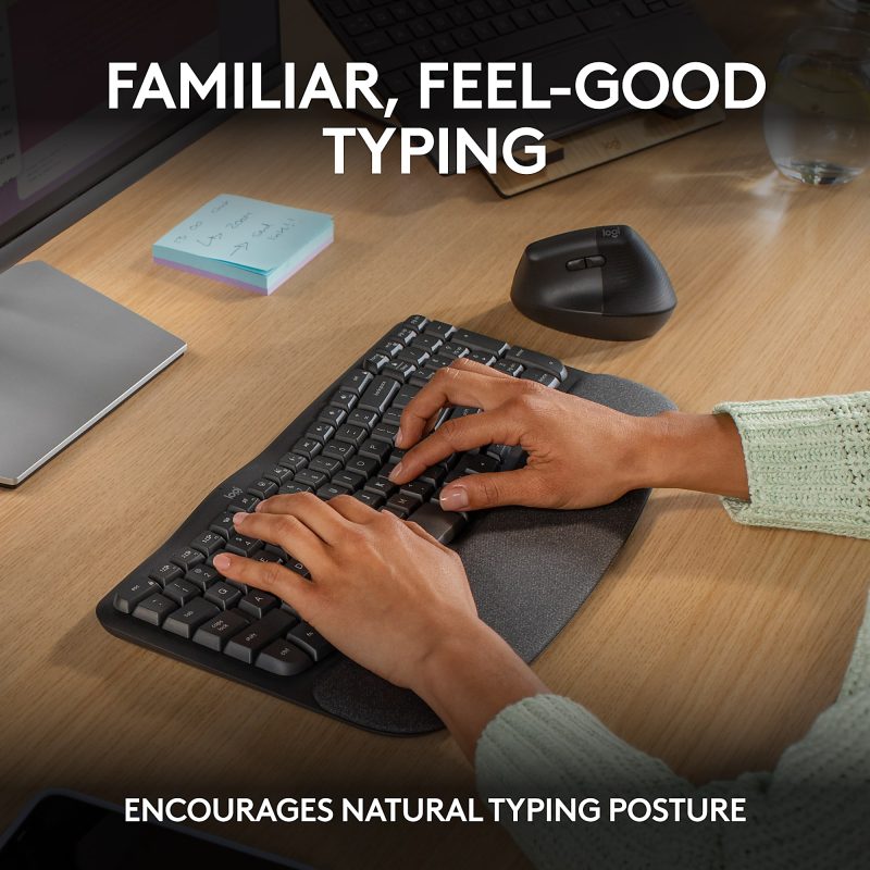 Logitech® Wave Keys Wireless Ergonomic Keyboard With Cushioned Palm Rest, 61% Recycled, Graphite, 920-011898 - Image 3