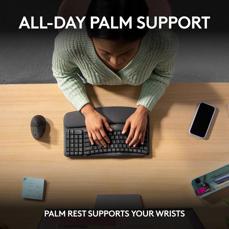 Logitech® Wave Keys Wireless Ergonomic Keyboard With Cushioned Palm Rest, 61% Recycled, Graphite, 920-011898 - Image 4