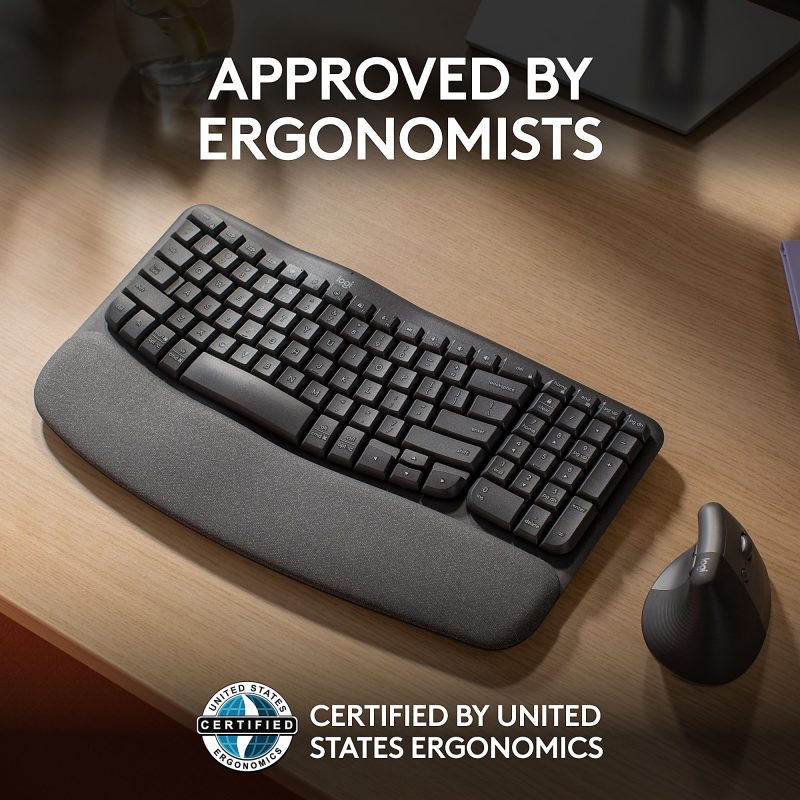 Logitech® Wave Keys Wireless Ergonomic Keyboard With Cushioned Palm Rest, 61% Recycled, Graphite, 920-011898 - Image 5