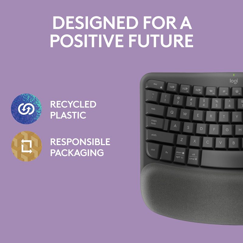 Logitech® Wave Keys Wireless Ergonomic Keyboard With Cushioned Palm Rest, 61% Recycled, Graphite, 920-011898 - Image 9