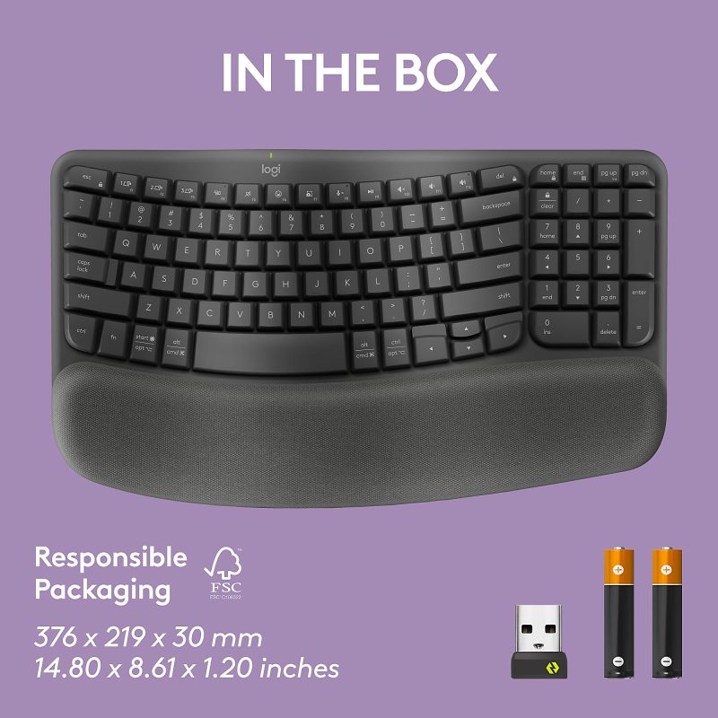 Logitech® Wave Keys Wireless Ergonomic Keyboard With Cushioned Palm Rest, 61% Recycled, Graphite, 920-011898 - Image 10