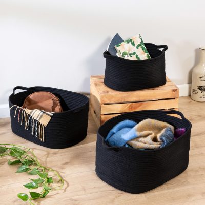 Honey Can Do Cotton Coil Baskets, 19”H x 16-1/2”W x 16-1/2”D, Black, Set Of 3 Baskets