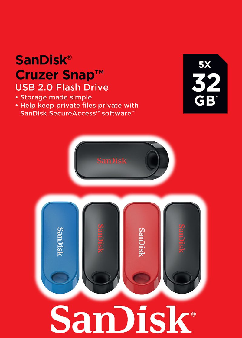SanDisk Cruzer Snap™ USB 2.0 Flash Drives, Pack of 5, 32GB, Black, Red, Blue - Image 5