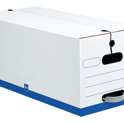 Office Depot® Brand Quick Set Up Standard-Duty Storage Boxes With String & Button Closures And Built-In Handles, Letter Size, 24" x 12" x 10", 60% Recycled, White/Blue, Pack Of 12