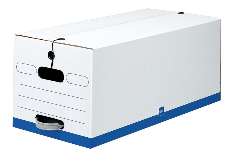 Office Depot® Brand Quick Set Up Standard-Duty Storage Boxes With String & Button Closures And Built-In Handles, Letter Size, 24" x 12" x 10", 60% Recycled, White/Blue, Pack Of 12 - Image 2