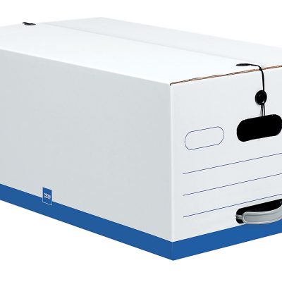 Office Depot® Brand Quick Set Up Standard-Duty Storage Boxes With String & Button Closures And Built-In Handles, Legal Size, 24" x 15" x 10", 60% Recycled, White/Blue, Pack Of 12