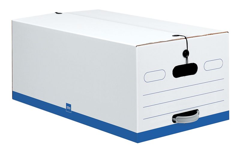 Office Depot® Brand Quick Set Up Standard-Duty Storage Boxes With String & Button Closures And Built-In Handles, Legal Size, 24" x 15" x 10", 60% Recycled, White/Blue, Pack Of 12