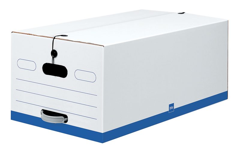 Office Depot® Brand Quick Set Up Standard-Duty Storage Boxes With String & Button Closures And Built-In Handles, Legal Size, 24" x 15" x 10", 60% Recycled, White/Blue, Pack Of 12 - Image 2