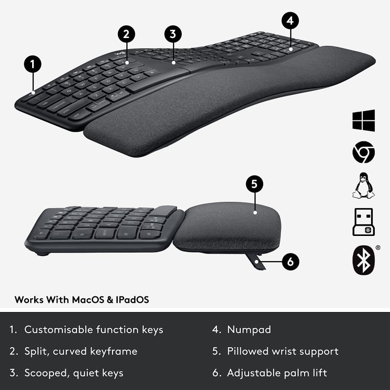 Logitech® ERGO K860 Split Ergonomic Wireless Keyboard For Business, Graphite, 920010175 - Image 6