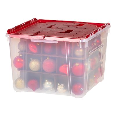 Iris Holiday Wing Lid Ornament Box With Dividers, 13-13/16”H x 18-5/16”W x 19-5/16”L, Clear/Red