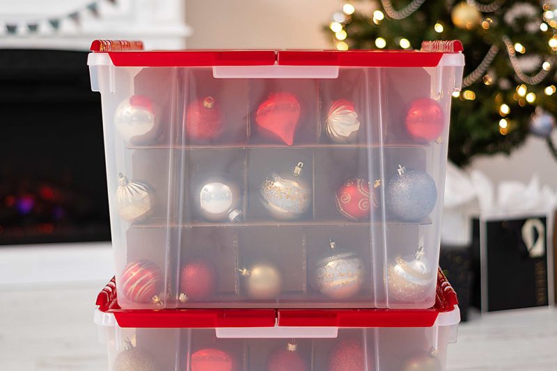 Iris Holiday Wing Lid Ornament Box With Dividers, 13-13/16”H x 18-5/16”W x 19-5/16”L, Clear/Red - Image 3
