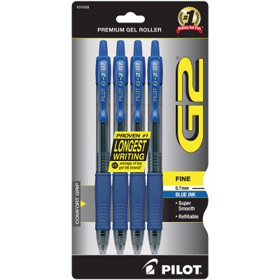 Pilot G2 Retractable Gel Pens, Fine Point, 0.7 mm, Clear Barrels, Blue Ink, Pack Of 12 Pens - Blue,4