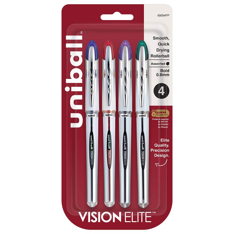 uni-ball® Vision™ Elite™ Liquid Ink Rollerball Pens, Bold Point, 0.8 mm, White Barrel, Black Ink, Pack Of 12 - Assorted,4