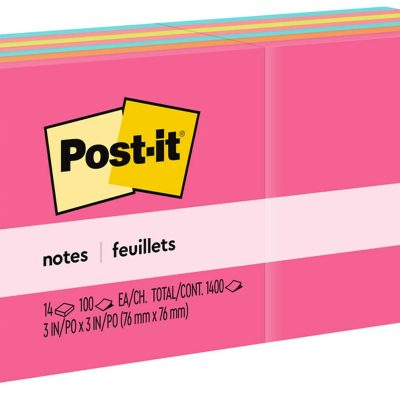 Post-it Notes, 14 Pads, 3 in x 3 in, Clean Removal, School Supplies and Office Products, Sticky Notes for Vertical Surfaces, Monitors, Walls and Windows, Poptimistic Collection