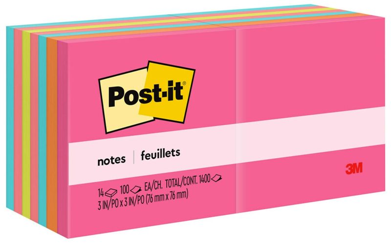 Post-it Notes, 14 Pads, 3 in x 3 in, Clean Removal, School Supplies and Office Products, Sticky Notes for Vertical Surfaces, Monitors, Walls and Windows, Poptimistic Collection