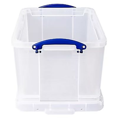 Really Useful Box® Plastic Storage Container With Built-In Handles And Snap Lid, 32 Liters, 19" x 14" x 12", Clear