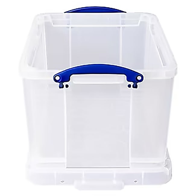 Really Useful Box® Plastic Storage Container With Built-In Handles And Snap Lid, 32 Liters, 19" x 14" x 12", Clear