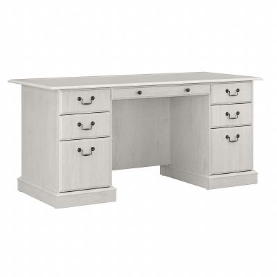Bush Furniture Saratoga Executive 66"W Computer Desk With Drawers, Modern Gray, Standard Delivery - Linen White Oak,66 in.