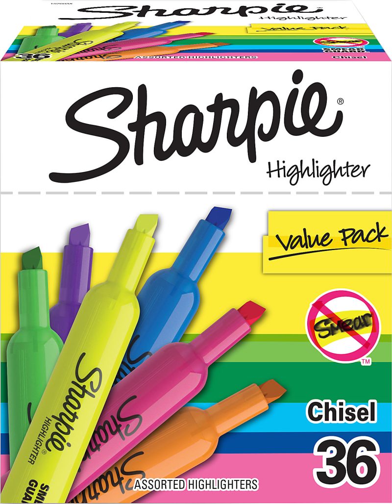 Sharpie® Tank Style Highlighters, Chisel Tip, Fluorescent Yellow, Box of 24 - Assorted,36