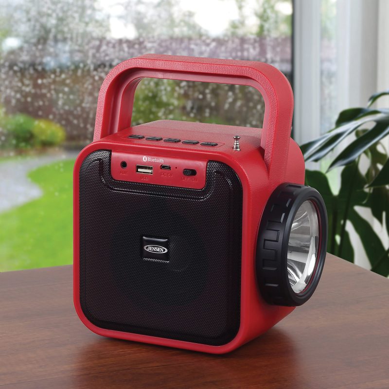 Jensen Portable Rechargeable Bluetooth® Speaker With FM Radio, Flashlight, Solar Panel And USB Port, 7.48"H x 4.09"W x 6.3"D, Red - Image 4