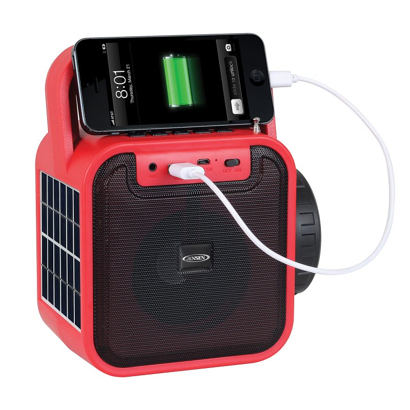 Jensen Portable Rechargeable Bluetooth® Speaker With FM Radio, Flashlight, Solar Panel And USB Port, 7.48"H x 4.09"W x 6.3"D, Red - Image 5