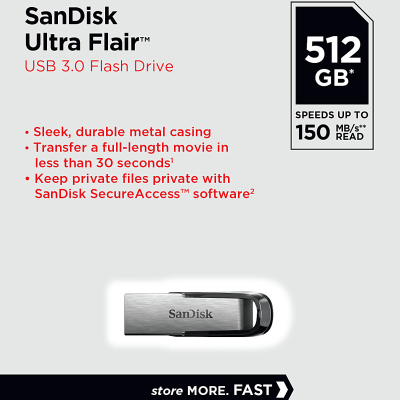 SanDisk Ultra Flair USB 3.0 Flash Drive, 512 GB, Silver