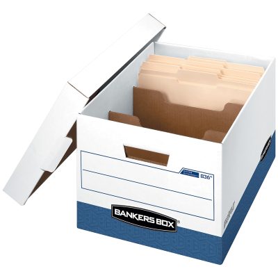 Bankers Box R Kive® DividerBox™ Heavy-Duty FastFold® File Storage Boxes With Locking Lift-Off Lids And Built-In Handles, Letter/Legal Size,  10"H x 12“W x 15"D, 60% Recycled, White/Blue, Case Of 12