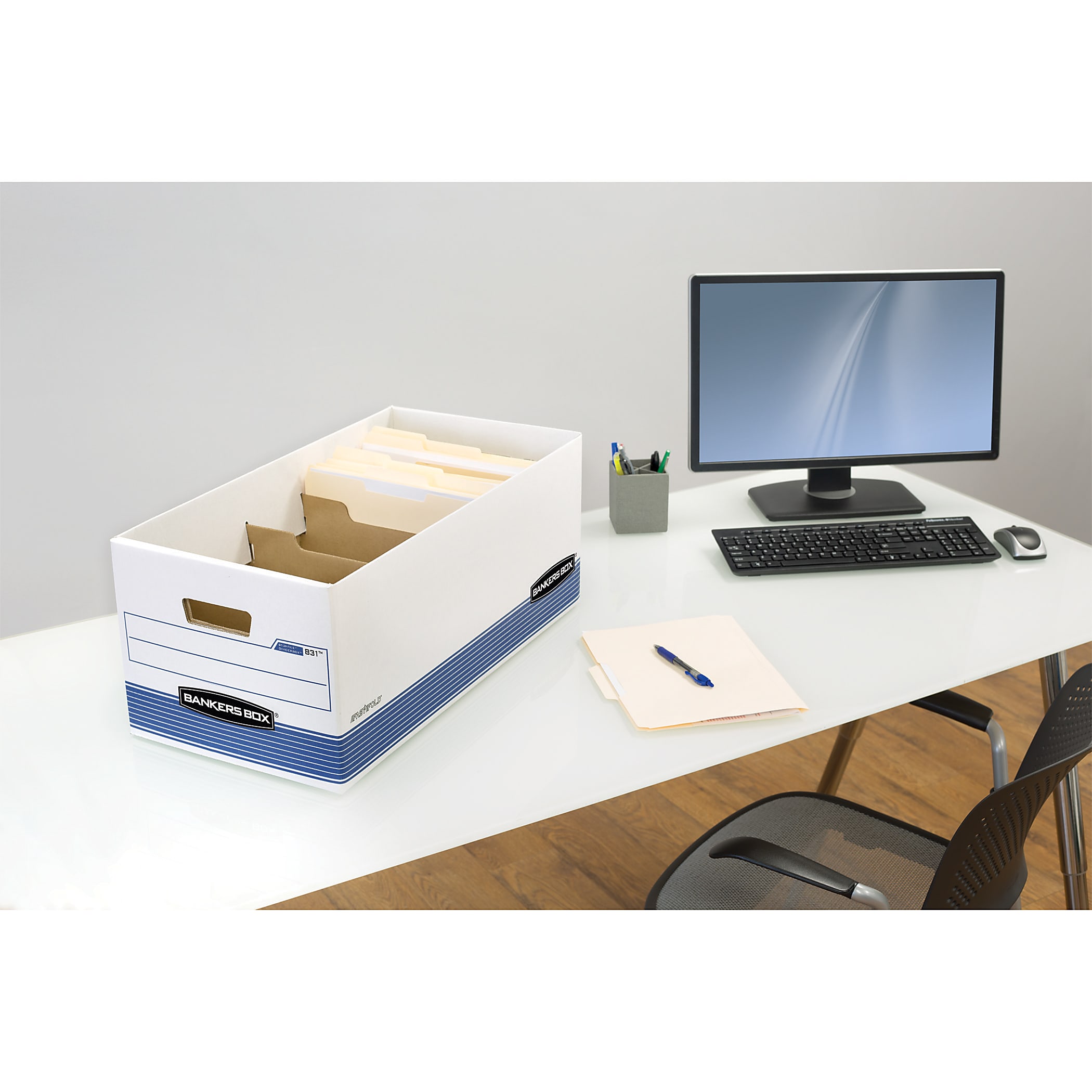 Bankers Box R Kive® DividerBox™ Heavy-Duty FastFold® File Storage Boxes With Locking Lift-Off Lids And Built-In Handles, Letter/Legal Size,  10"H x 12“W x 15"D, 60% Recycled, White/Blue, Case Of 12 - Image 3