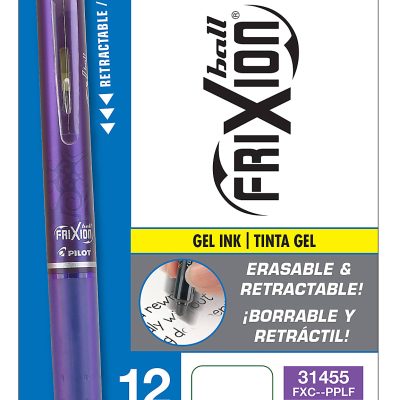 Pilot® FriXion® Ball Clicker Erasable Retractable Gel Pens, Pack of 12, Fine Point, 0.7 mm, Blue Barrel, Blue Ink - Purple,12