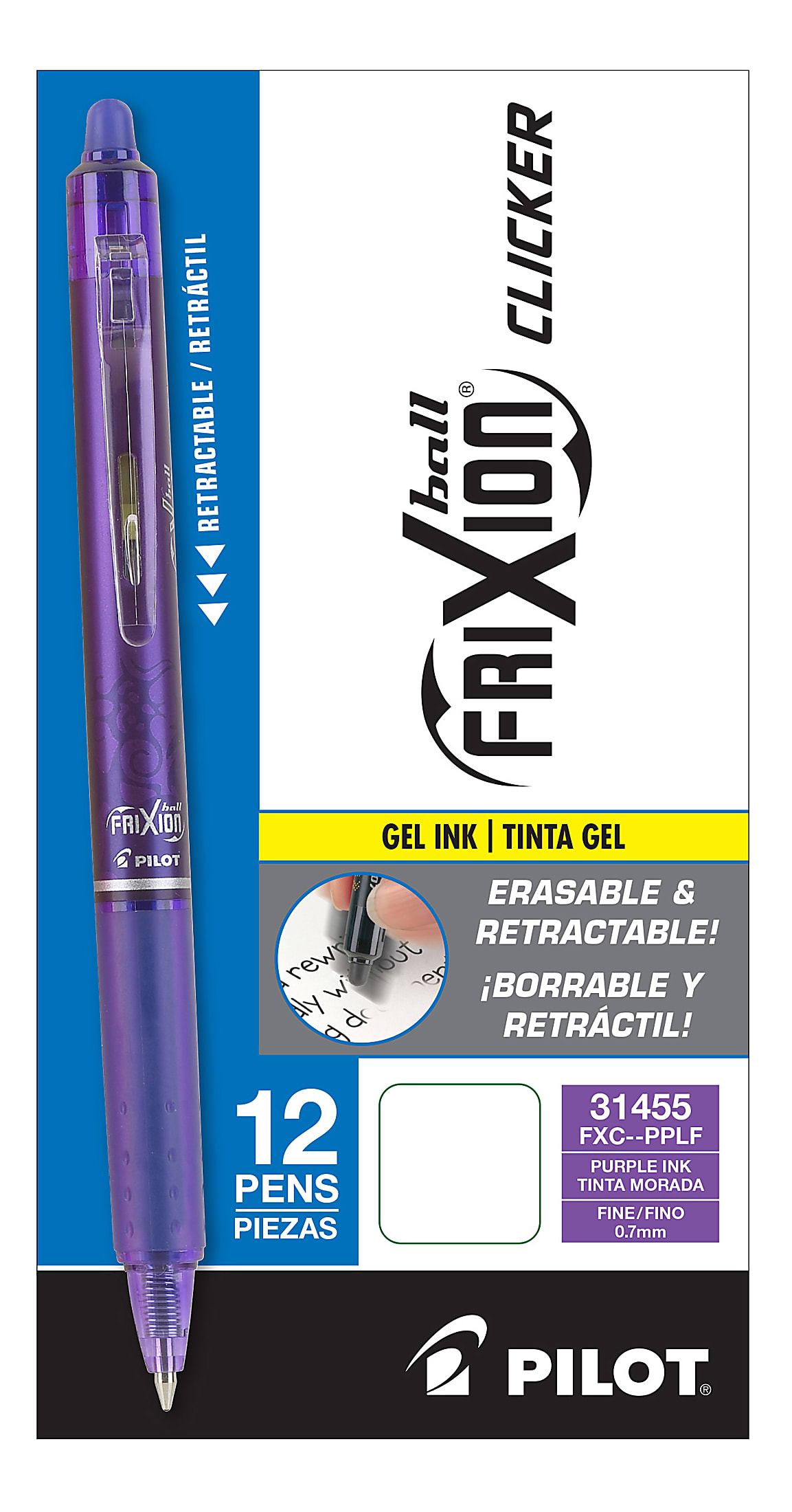 Pilot&reg; FriXion&reg; Ball Clicker Erasable Retractable Gel Pens, Pack of 12, Fine Point, 0.7 mm, Blue Barrel, Blue Ink - Purple,12