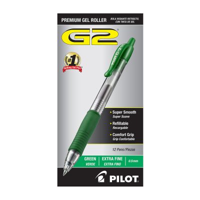 Pilot G2 Gel Roller Pens, Extra-Fine Point, 0.5 mm, Clear Barrel, Black Ink, Pack Of 12 - Green,12