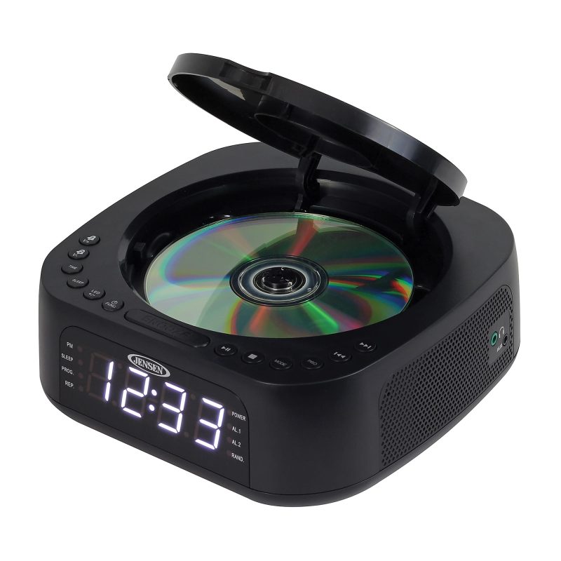 JENSEN Stereo Digital Dual-Alarm Clock With Top-Loading CD Player, FM Tuner, USB Charging Port And Battery Backup, 2.38"H x 7.32"W x 7.32"D, Black - Image 2
