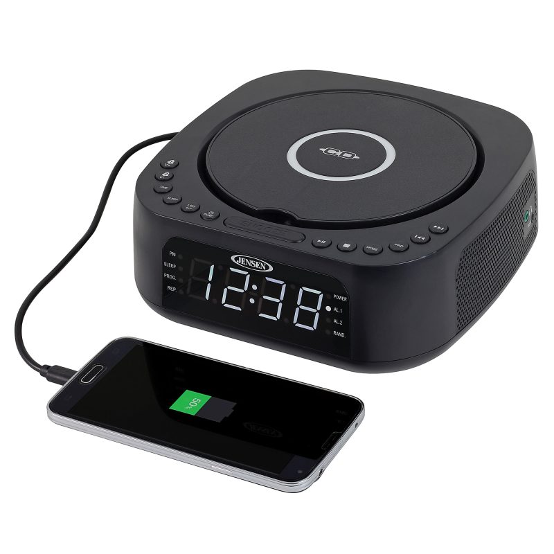JENSEN Stereo Digital Dual-Alarm Clock With Top-Loading CD Player, FM Tuner, USB Charging Port And Battery Backup, 2.38"H x 7.32"W x 7.32"D, Black - Image 5